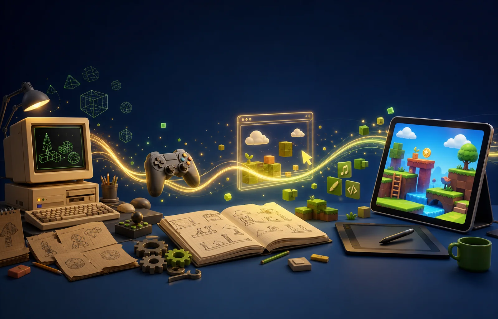 Evolução visual do desenvolvimento de jogos, de um computador antigo a experiências modernas em tablet