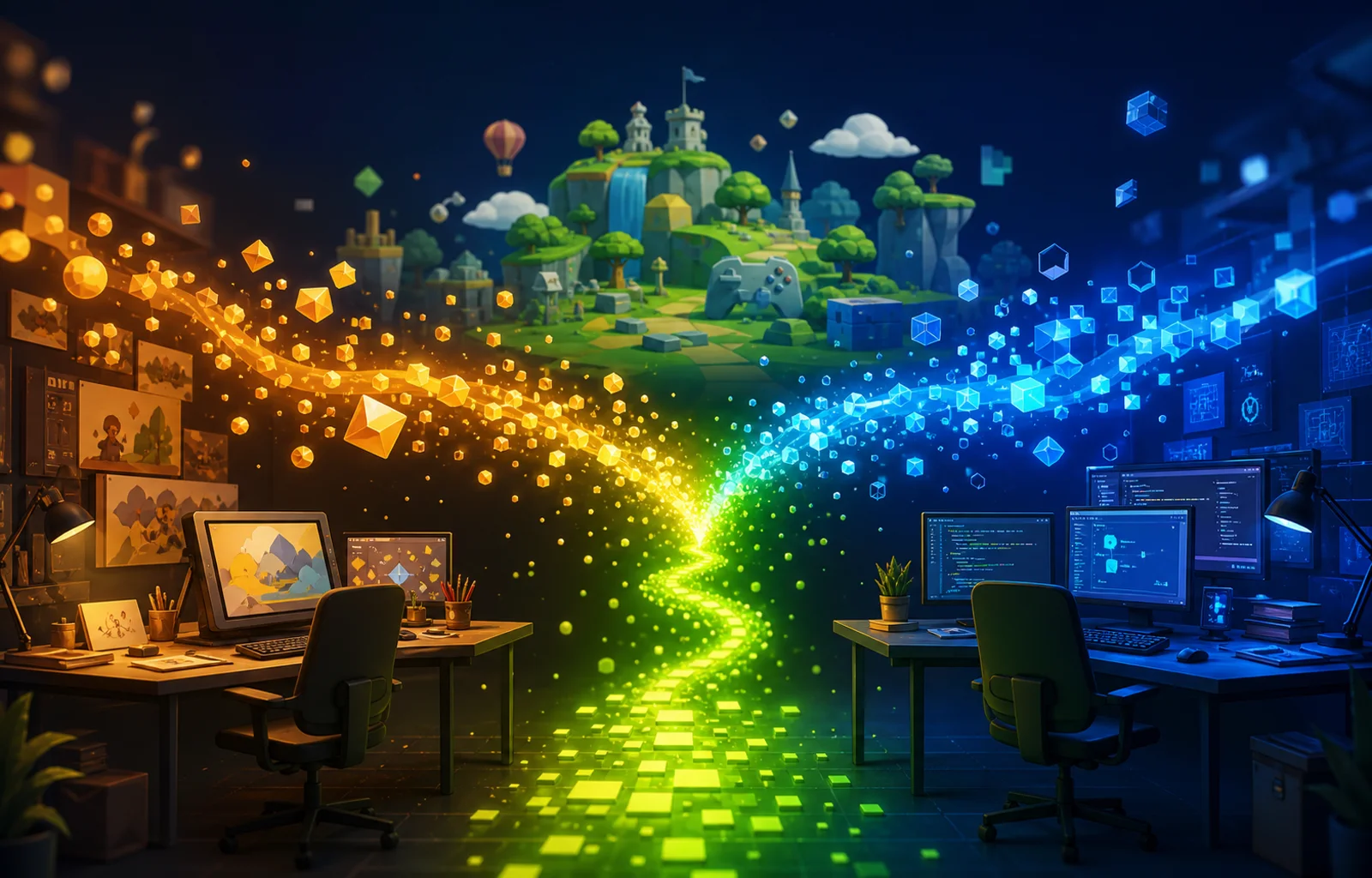 Dois estúdios criativos conectados por um caminho luminoso que simboliza parceria entre arte e tecnologia