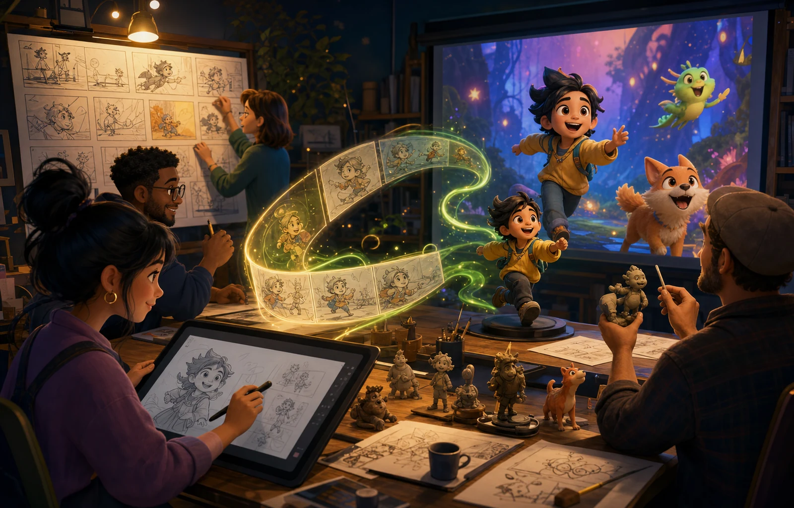 Artistas do estúdio de animação criando storyboards, personagens e cenas para crianças