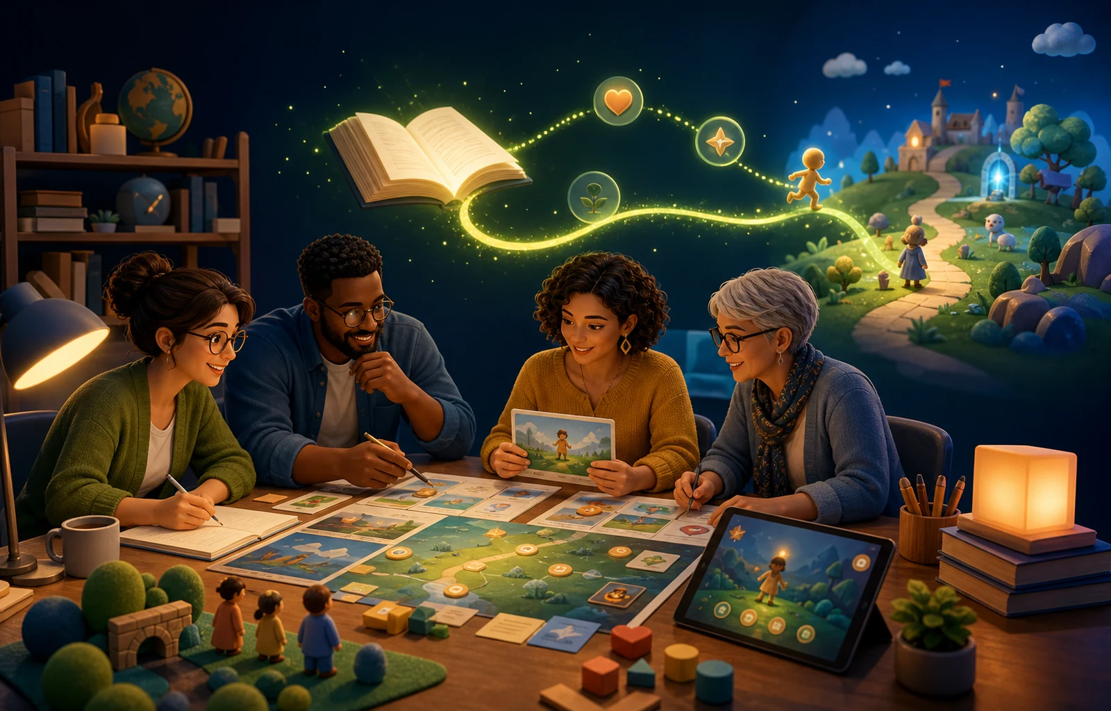 Educadores criando uma jornada de aprendizagem bíblica com jogos e materiais lúdicos