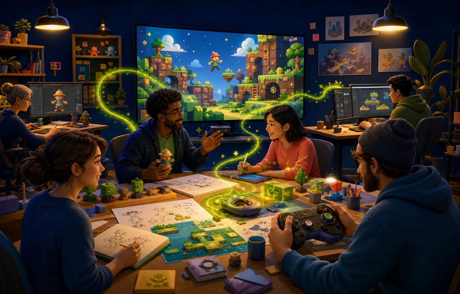 Equipe do estúdio de games colaborando em personagens, fases e protótipos de um jogo educativo