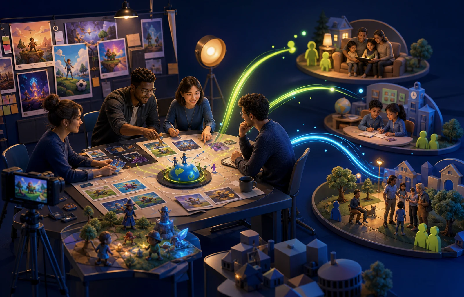 Equipe de marketing planejando uma campanha que conecta jogos a famílias, escolas e comunidades